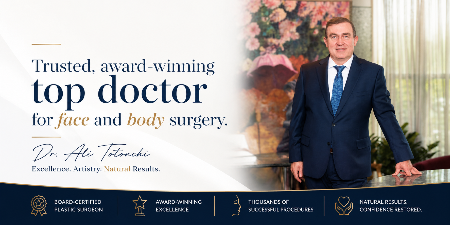 Dr. Ali Totonchi, board-certified plastic surgeon, standing in his office at Totonchi Plastic Surgery in Cleveland, Ohio.