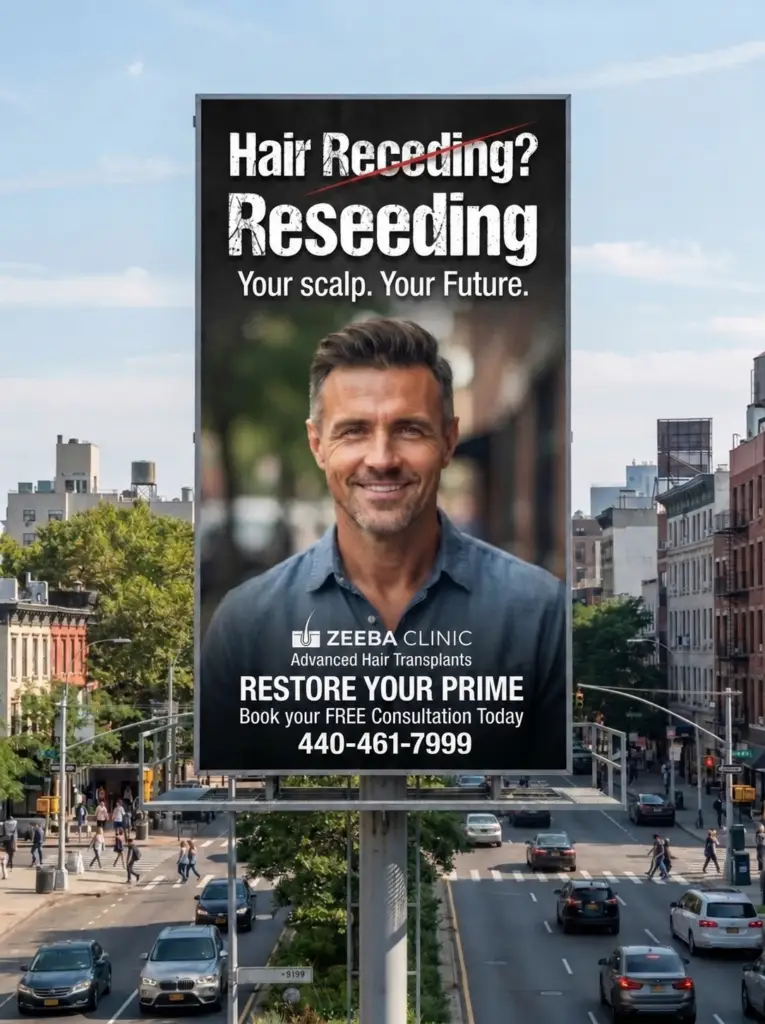 Hair restoration billboard featuring a smiling man with styled hair and the message “Restore Your Prime.”
